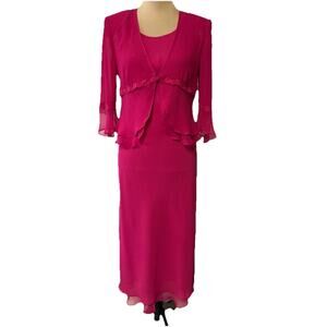 Vintage 1990s Bright Pink Mother Of The Bride Dress W/ Jacket 6P Ruffle Trim‎